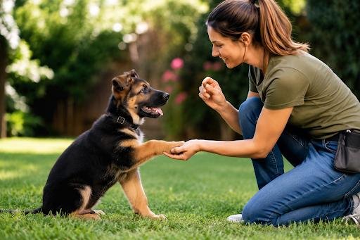 erman Shepherd puppy learning basic obedience through positive reinforcement training